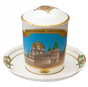 Lomonosov Imperial Porcelain Covered Tea Mug and Saucer Ipatiev Monastery Lomonosov Imperial Porcelain Covered Tea Mug and Saucer Ipatiev Monastery