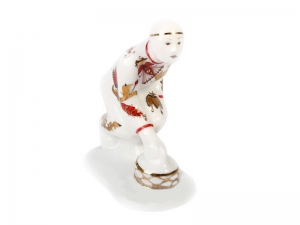 Lomonosov Porcelain Figurine Winter Sport Ice Curling Player Red and Golden Uniform Lomonosov Porcelain Figurine Winter Sport Ice Curling Player Red and Golden Uniform