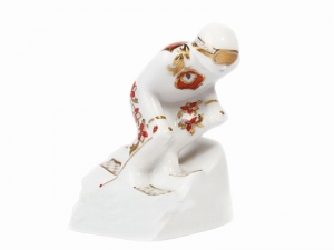 Russian Porcelain Porcelain Figurine Winter Sport Mountain Skier Red and Golden Uniform Russian Porcelain Porcelain Figurine Winter Sport Mountain Skier Red and Golden Uniform