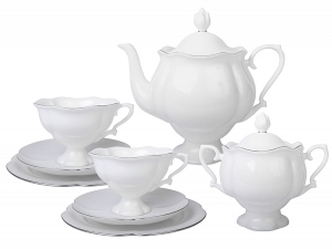 Porcelain Tea Set Natasha Platinum Ribbon 20 pcs 6/20: Tea Pot, Sugar Bowl, 6 Cups with Saucers and 6 Cake Plates Porcelain Tea Set Natasha Platinum Ribbon 20 pcs 6/20: Tea Pot, Sugar Bowl, 6 Cups with Saucers and 6 Cake Plates