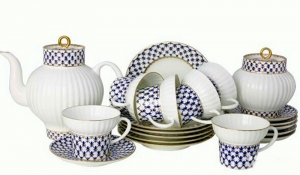 Lomonosov Imperial Porcelain Cobalt Net Wave Bone China Tea Set 6/21 Lomonosov Imperial Porcelain Cobalt Net Wave Bone China Tea Set 6/21