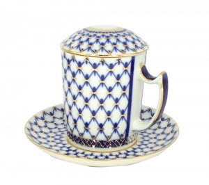 Lomonosov Porcelain Cobalt Net Covered Herbal Steep 12.8 oz Mug with Saucer Lomonosov Porcelain Cobalt Net Covered Herbal Steep 12.8 oz Mug with Saucer