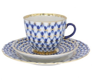 Lomonosov Imperial Porcelain Espresso Coffee Set 3 pc Tulip Cobalt Net 