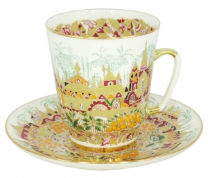 Lomonosov Imperial Porcelain Cup and Saucer Bone China May Golden Spring 5.6 fl.oz/165 ml