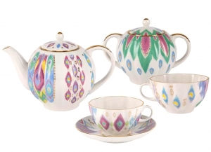 Lomonosov Imperial Porcelain Tea Set Tulip Peacock's Feather 6/14