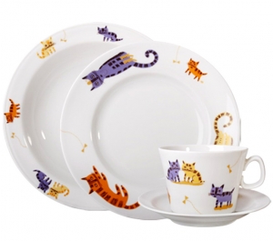 Lomonosov Imperial Porcelain Baby Set 4ps: Cup with saucer, Plate and Bowl Cats Lomonosov Imperial Porcelain Baby Set 4ps: Cup with saucer, Plate and Bowl Cats