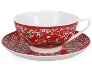 Lomonosov Imperial Porcelain Bone China Cup and Saucer Dome Red Chintz Lomonosov Imperial Porcelain Bone China Cup and Saucer Dome Red Chintz