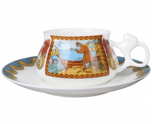 Lomonosov Imperial Porcelain Cup and Saucer Bilibina Fisherman and Golden Fish