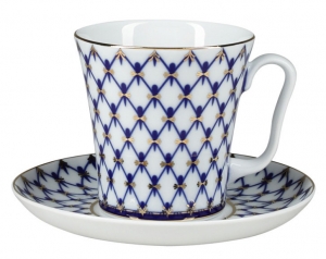 Lomonosov Imperial Porcelain Mug and Saucer Leningradskii-2 Cobalt Net Lomonosov Imperial Porcelain Mug and Saucer Leningradskii-2 Cobalt Net