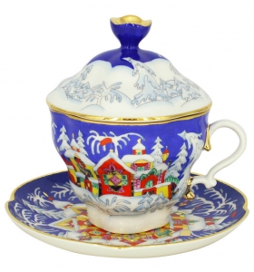 Lomonosov Imperial Porcelain Covered Cup and Saucer Christmas Winter Fairy Tale