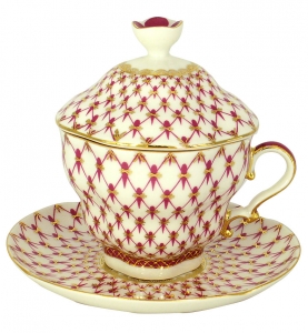 Lomonosov Imperial Porcelain Covered Cup and Saucer Red Net Gift-2 8.45 oz/250 ml