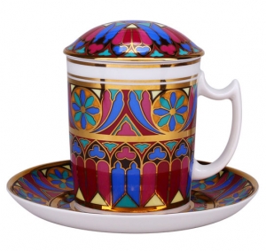 Lomonosov Imperial Porcelain Covered Tea Mug and Saucer Gothic-7 12.8 oz
