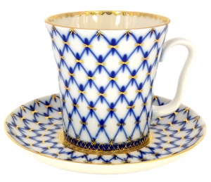 Lomonosov Imperial Porcelain Mug and Saucer Cobalt Net Leningradskii 12.2 fl.oz/360 ml