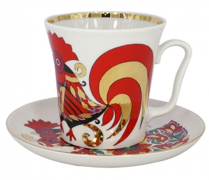 Lomonosov Imperial Porcelain Mug and Saucer Leningradskii Red Rooster 12.2 fl.oz/360 ml