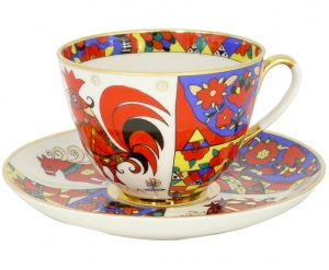 Lomonosov Imperial Porcelain Tea Set Cup and Saucer Spring Folk Patterns 7.8 oz/230 ml