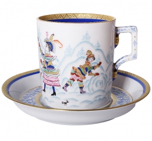 Lomonosov Imperial Porcelain Tea Set Cup and Saucer Winter Fun (2) 7.4 oz/220 ml