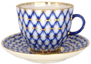 Russian Imperial Lomonosov porcelain bone coffee cup saucer Cobalt net 