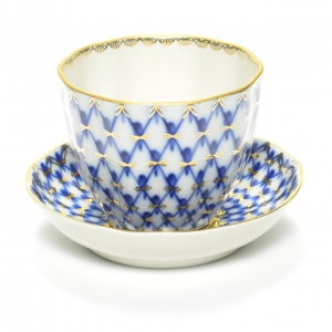 Lomonosov Porcelain Tea Piala with Saucer Tulip Cobalt Net 4.7 oz/140 ml