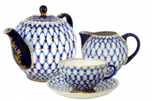 Lomonosov Porcelain Tea Set 4 pieces Cobalt Net Tulip 