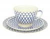 Imperial Lomonosov Porcelain Tea Set Cup, Saucer and Cake Plate Spring Cobalt Net 7.8 oz/230 ml