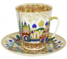 Lomonosov Imperial Porcelain Cup and Saucer Bone China May Old Russian Architecture 5.6 fl.oz/165 ml