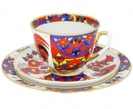 Lomonosov Imperial Porcelain Tea Cup Set 3pc Spring Folk Patterns 7.8 oz/230 ml