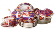 Lomonosov Imperial Porcelain Spring Folk Patterns Tea Set 6/20: Tea Pot, Sugar Bowl, 6 Cups with Saucers and 6 Cake Plates