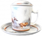 Lomonosov Imperial Porcelain Covered Tea Mug and Saucer Hunting 12.8 oz