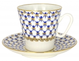 Lomonosov Imperial Porcelain Bone China Black Coffee Espresso Cup and Saucer Cobalt Net 2.71 fl.oz/80 ml